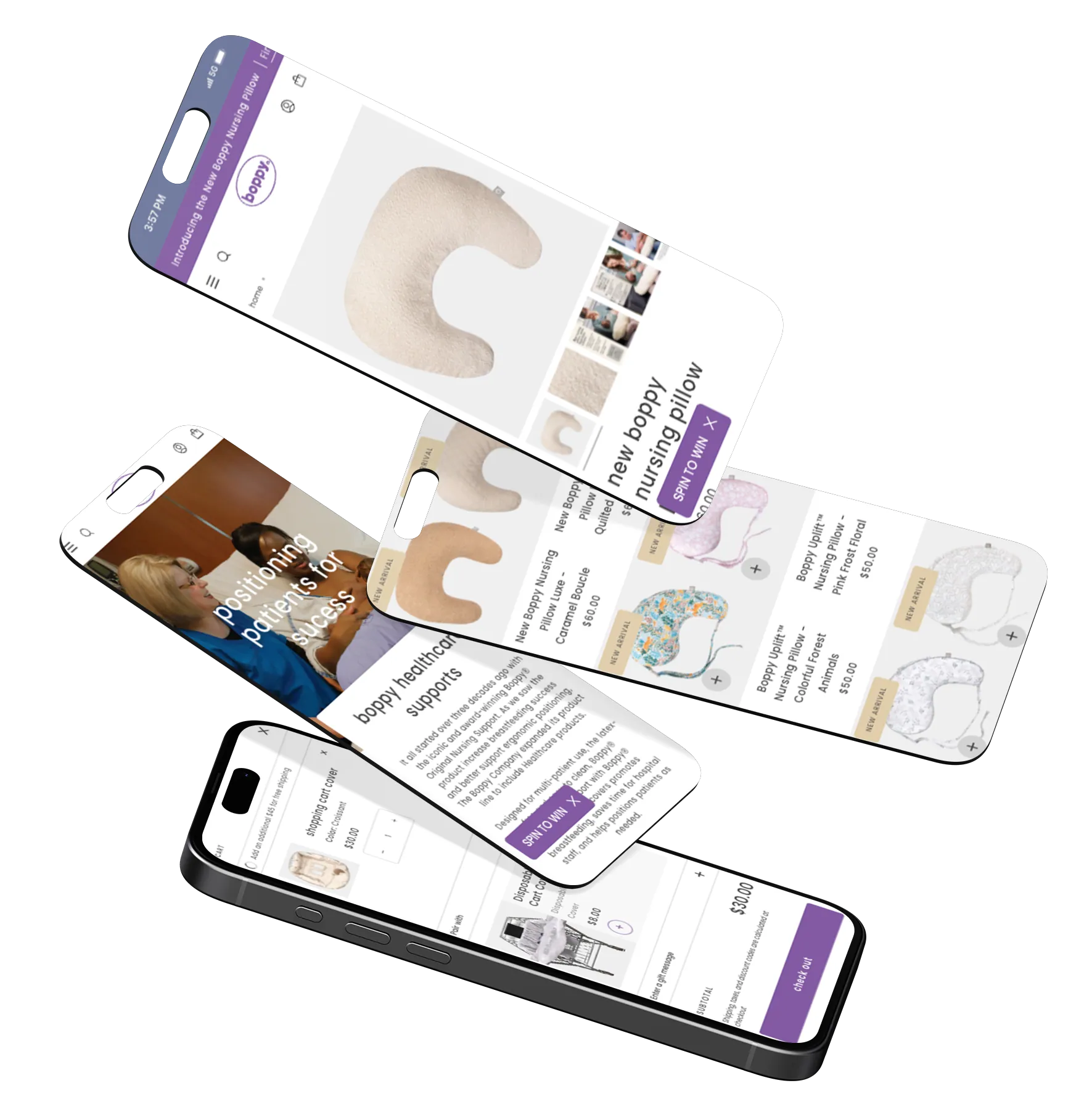 Boppy mobile e-commerce experience across multiple iPhone screens