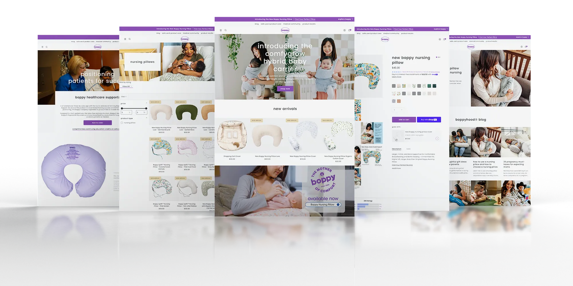 Boppy responsive page designs for healthcare, shopping, homepage, product detail and editorial