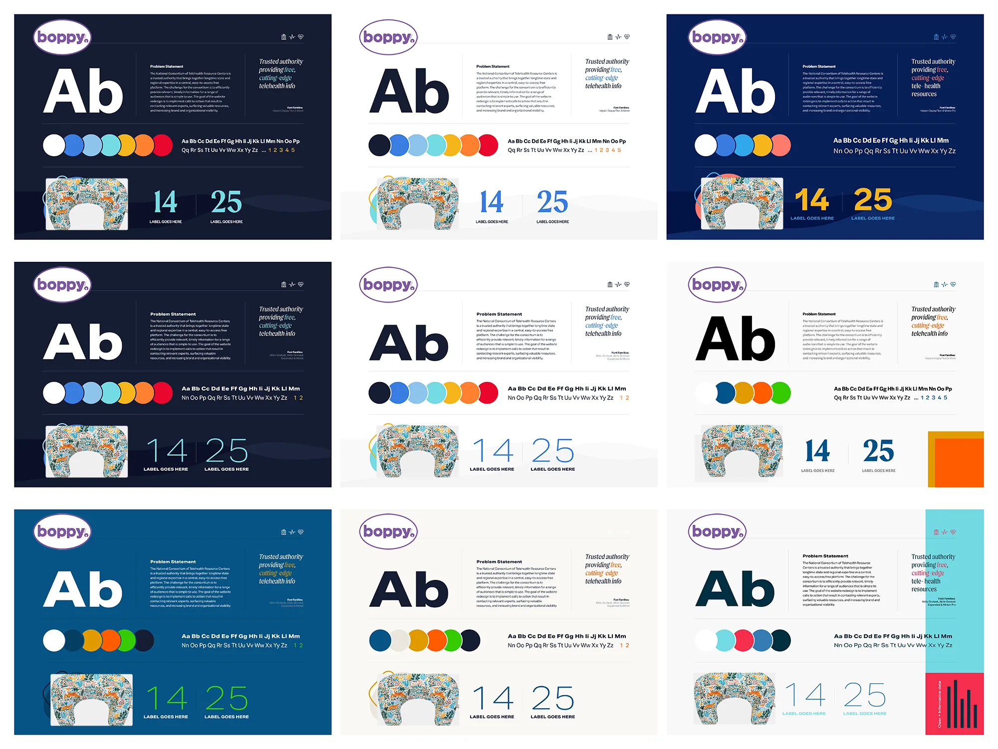 Boppy style tile explorations showing typography and color systems
