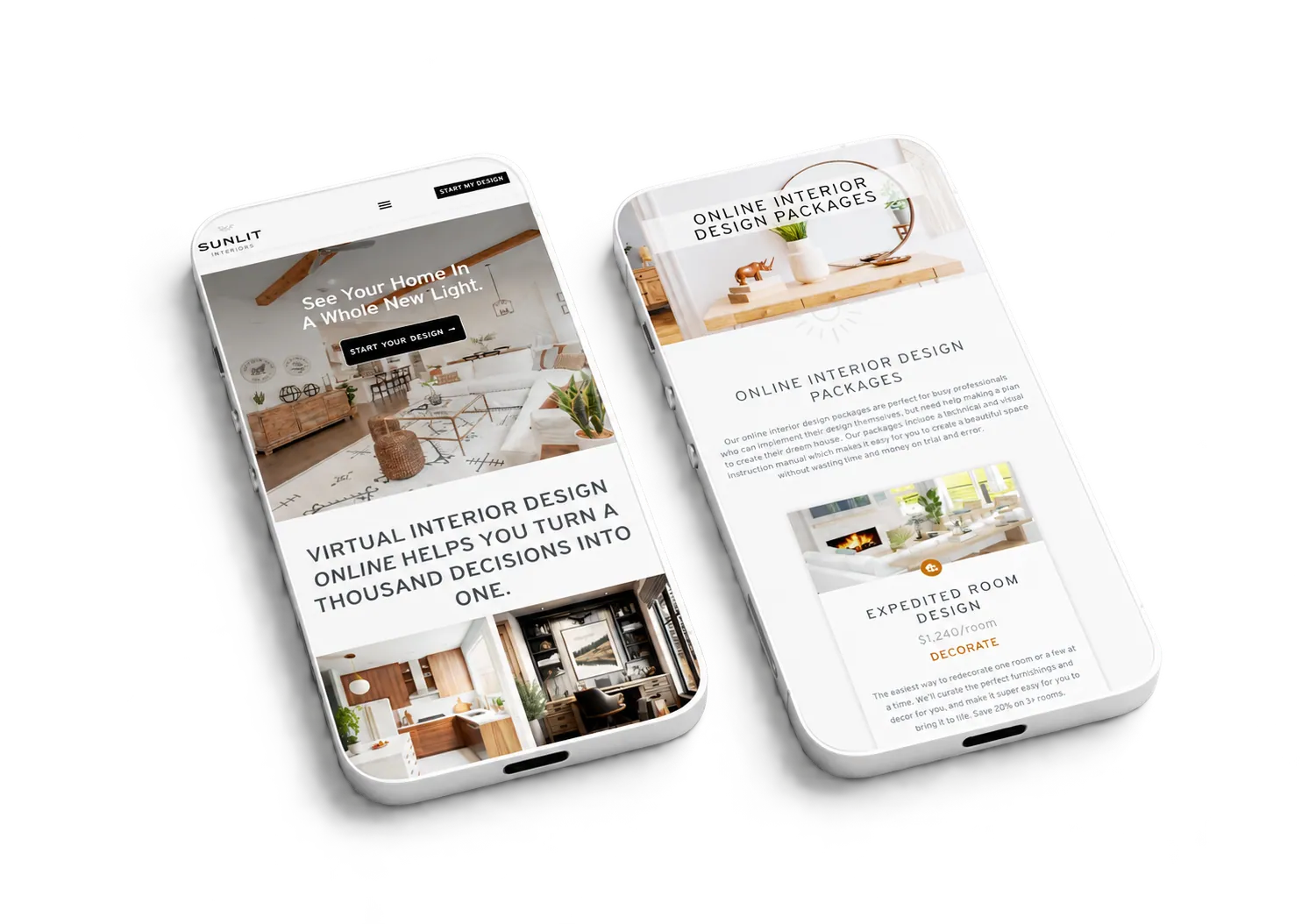 Sunlit Interiors responsive website shown on multiple phones
